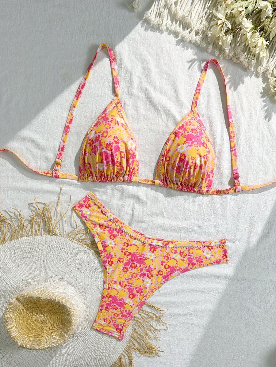 Swim Mod 大码女式两件套露背系腰随机印花比基尼套装，性感三角杯泳装，适合海滩、泳池、温泉