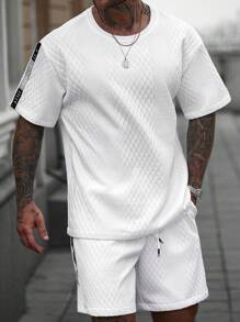 Manfinity CasualCool Men's Letter Print Round Neck Short Sleeve T-Shirt And Drawstring Waist Shorts Set Men's Two Pieces Casual Men's Two Pieces Set Men's 2 Pieces Summer Outfits Loose - White - View 5