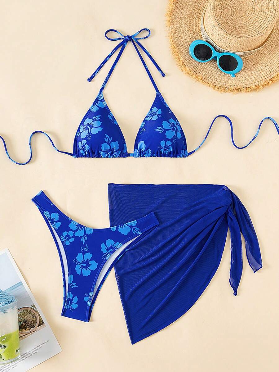 Swim Mod 3pcs/Set Women Halter Neck Triangle Bra & Brief Bikini Set With Sarong Skirt For Summer Beach Vacation - Multicolor - View 1