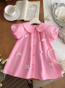 Baby Girl Cute Pink Peter Pan Collar Bow Short Sleeve Dress, Summer - Pink - View 4