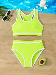 SHEIN Tween Girls' Summer Vacation Beach Contrast Trim Bikini Set - Yellow - View 3