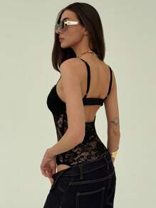 Aloruh Women's Black Lace Bodysuit: Sheer Floral Knitted Fabric, Spaghetti Strap, And Long Sleeves For A Chic Look