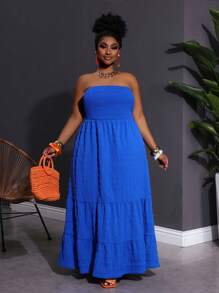 SHEIN CURVE+ Váy hở vai thường ngày màu xanh cỡ lớn, thích hợp cho bãi biển và bờ biển, váy đi biển, trang phục ngày lễ Boho, Curve Plus, trang phục đi biển Boho cho phụ nữ/váy đi biển/trang phục nghỉ mát bãi biển/đồ dùng cần thiết cho bãi biển/váy tốt nghiệp/váy tiệc trà - Xanh đậm - Xem 7