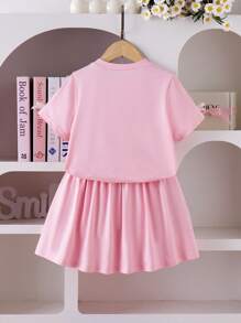 Young Girl' Black Comfortable Round Neck Bow Decor Printed Short Sleeve Top And Elastic Waist Short Skirt 2 Pieces Set - Pink - View 2