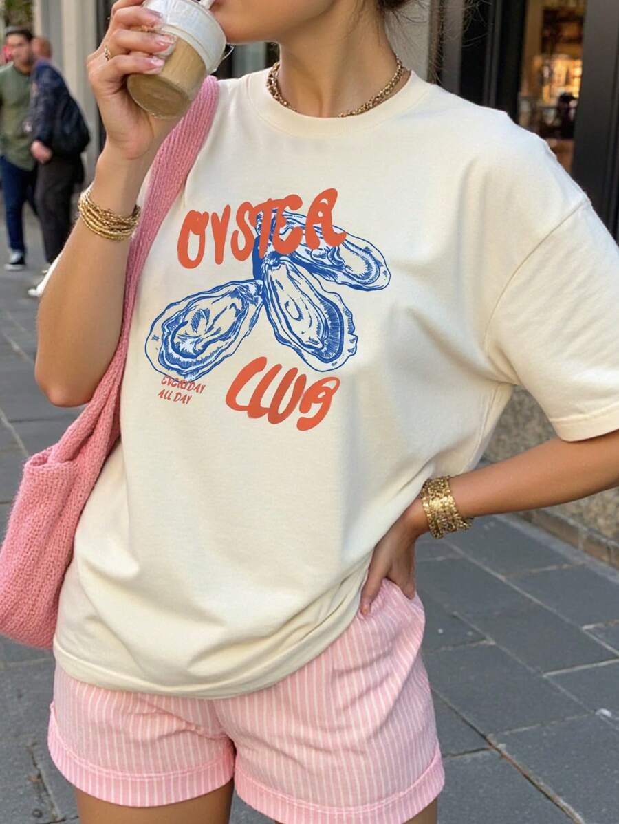 SHEIN Retro Slogan Contrast Color Oyster Graphic Oversized Loose Round Neck Women T-Shirt - Apricot - View 1