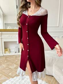 Côtesoire Women's Romantic Lace Patchwork Ruffle Trim Long Sleeve Nightgown Babydoll Holiday Season, For Fall, Winter - Burgundy - View 4