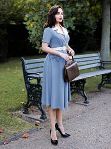 Vintamour 复古优雅女装夏季秋季修身拼色领蝴蝶结连衣裙短袖喇叭裙感恩节女装秋季服装优雅女装情人节夏季生日女装连衣裙女装优雅蝴蝶结情人节夏季女装教堂服装