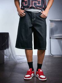 PAVTROS Manfinity Streetrush Men's Casual Washed Loose Denim Shorts - Black - View 4