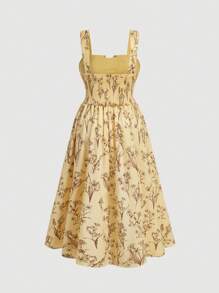 SHEIN CURVE+ Vestido maxi de talla grande con estampado retro negro sobre fondo albaricoque, suelto y fluido, con falda acampanada y tirantes, adecuado para vacaciones y verano