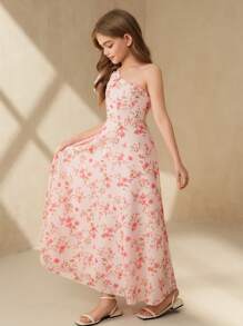 SHEIN Vestido de fiesta con estampado floral de manga corta elegante para niña preadolescente - Rosa - Ver 4