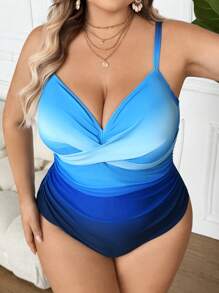 SHEIN CURVE+ Plus Size Women Gradient Paneled Underwire One-Piece Swimsuit For Summer Beach Vacation - Blue - View 1