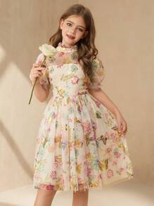 SHEIN 优雅女孩网眼花朵装饰公主裙，伴娘礼服，中长款，简约 - 杏色 - 查看 6