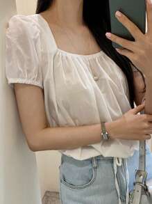 DAZY 休闲方领抽绳下摆女式衬衫夏季 - 白色 - 查看 5