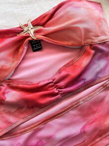 Soleia Damen Urlaubs Sexy Cut Out Ausschnitt Rüschen Metall Seestern Dekor Batik Muster Netz Figurbetontes Top, geeignet für Party, Musikfestival, Strand, Karneval, Sommer Bandeau Top