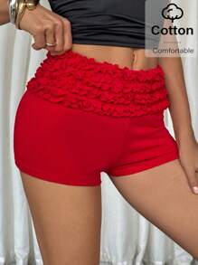 SHEIN Essnce Red Fashionable Low-Rise Frill Trim Skinny Shorts - Red - View 1