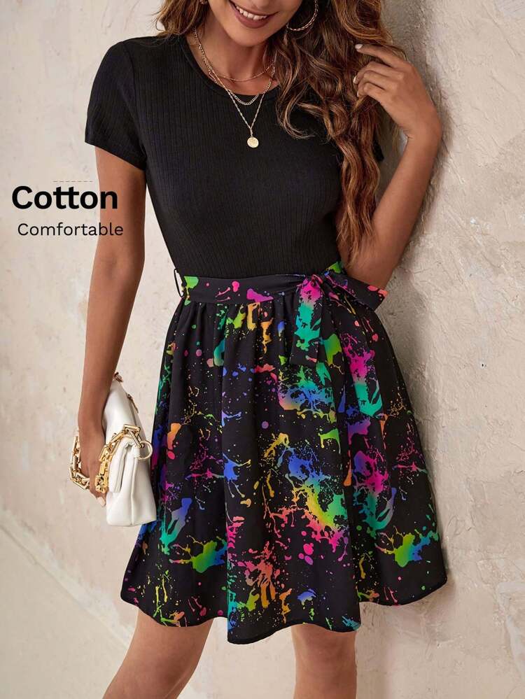 Splash Ink Print Belted Dress,Casual