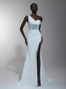 SHEIN Belle 优雅腰部镂空透明网眼不对称颈部不对称高开叉鱼尾下摆婚纱，新娘 - 白色 - 查看 6