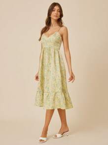 L'Amorae Women's Floral Print Ruffle Trim Camisole Holiday Dress - Green - View 3