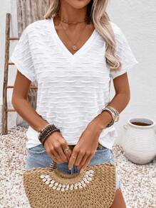 SHEIN LUNE Vakantie Casual Veelzijdig Effen Kleur Textuur Korte Mouw T-shirt