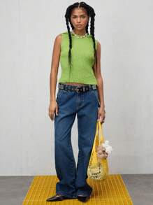 COUREZ 低腰工装牛仔裤，中蓝色水洗/女士夏季穿搭/Y2K风格/休闲/纯棉高街复古风 - 深色水洗藍 - 查看 2