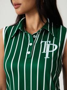 Hanevo Polo Neck Green Striped Retro Style Women Top Sportwear For Daily Wear - Green - View 6