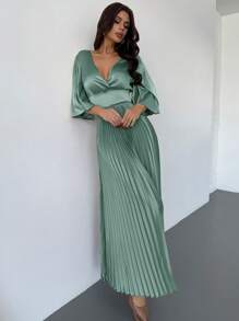 Firerie Vestido largo elegante y romántico de cuello en V con mangas con volantes, cintura alta y plisado dorado