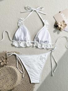 Swim Mod Bộ đồ bơi 2 mảnh vải dệt kim jacquard màu trắng họa tiết tam giác xếp nếp đi biển mùa hè dành cho nữ, có dây buộc bên hông - trắng - Xem 5