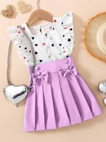 2pcs/Set Girls Elegant Heart Print Cap Sleeve Top + Bowknot Decor Pleated Skirt Outfit Set, Suitable For Summer Daily Casual, Entertainment, Travel, Vacation