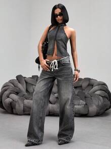 Jeans casual, diritti, con vita bassa, versatili, con tasche, in stile retrò, da donna