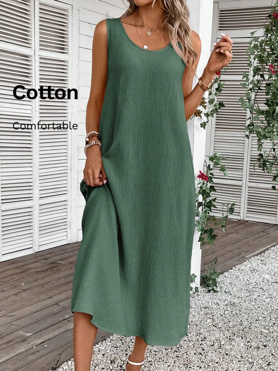 Plus Size Women's Summer Casual Vacation Country Round Neck Sleeveless  Solid Color Green Mid-Length Dress With Pockets, Comfortable For  Spring/Summer\Vacation,Summer Holiday,Spring Break Outfits ,Vacation Outfits  Women ,Holiday Outfits For Women,Going ...