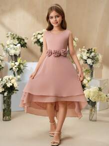 SHEIN Sukienka letnia dla dziewcząt w jednolitym kolorze, bez rękawów, z okrągłym dekoltem i modnym wzorem - Brudny różowy - Zobacz 5