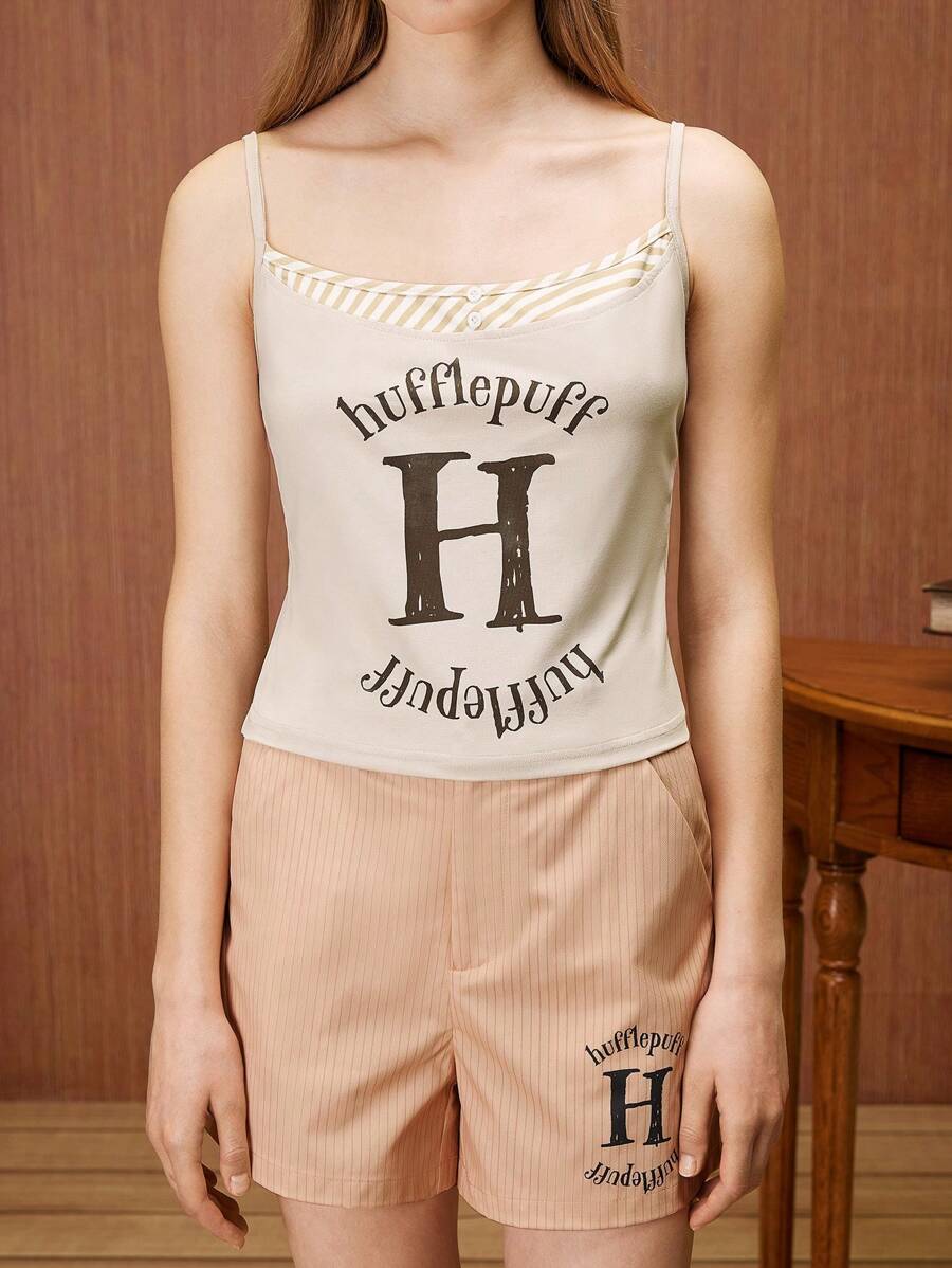 HARRY POTTER X SHEIN Women Letter & Striped Print Camisole Top, Suitable For Summer
