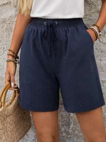 EMERY ROSE 女士纯色抽绳腰宽松休闲百搭短裤夏季女式100%纯棉 - 藍色 - 查看 8