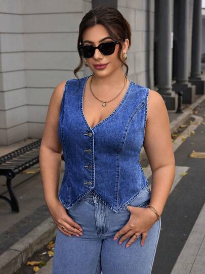SHEIN Essnce Veste en jean sans manches avec boutons devant, style délavé, grande taille et casual