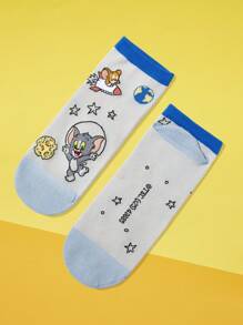 TOM & JERRY X SHEIN 1双女式拼色卡通猫图案舒适踝袜