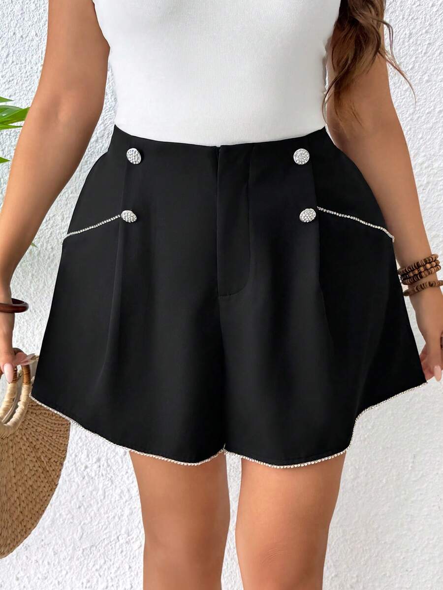 SHEIN Clasi Plus Size Rhinestone Decor Elastic Waist Shorts - Black - View 1
