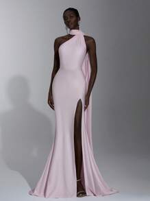 Elitara Elegant Light Pink Luxury Elastic With Scarf Tie Fringe Cup Sexy Backless Twist Mermaid Tail Dress, Suitable For Date, Beach Vacation, Birthday Party, Graduation, Wedding, Gala, Formal, Gown, For Evening, Wedding Guest