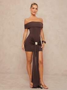 Lumalex Đầm mini bó sát hở vai viền ren kim loại cho nữ - Cà phê - Xem 6