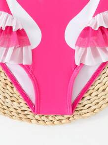 SHEIN Baby Girl Swan Print Ruffled Cute One-Piece Swimsuit For Beach/Swimming - Hot Pink - View 6