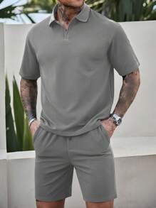 Manfinity CasualCool Men's Summer Casual Solid Color Short Sleeve Polo Shirt And Shorts Set