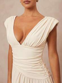 Lumalex 外出夏季泳衣泳装度假复活节波西米亚风海滩热户外丰富层次婚礼季宴会成人礼海滩海边女士纯色深 V 领荷叶边腰部连衣裙，优雅女士长裙女士优雅婚礼 - 杏色 - 查看 3