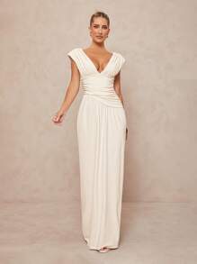 Lumalex 外出夏季泳衣泳装度假复活节波西米亚风海滩热户外丰富层次婚礼季宴会成人礼海滩海边女士纯色深 V 领荷叶边腰部连衣裙，优雅女士长裙女士优雅婚礼 - 杏色 - 查看 4