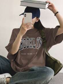 DAZY Letter Graphic Drop Shoulder Oversized Tee - Brown - View 2