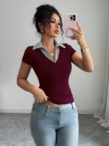 Selianne Blusa casual elegante de negocios Rafferiza para mujer, cómoda y sofisticada, con escote en V, de rayas, 2 en 1, de tela acanalada elástica de alta calidad, corte ajustado, para primavera/verano, de manga corta, en color rojo borgoña