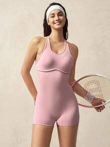 VARSIVA 1pc Women's Solid Color Hollow Back Daily Fitness Sports Romper - Pink - View 6