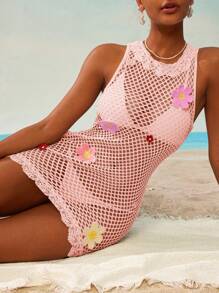 Swim Mod Summer Clothes Women's Sweet Floral Crochet Edge 3D Floral Decor Dress/Mini Skirt/Beach Cover Up, Fashionable For Music Festivals, Spring/Summer New Arrival - Pink - View 4