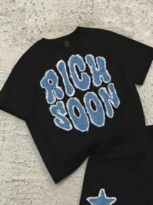 SHEIN Tween Boys Casual Minimalist Letter Print Round Neck Short Sleeve T-Shirt And Shorts 2 Pieces Set, Suitable For Summer