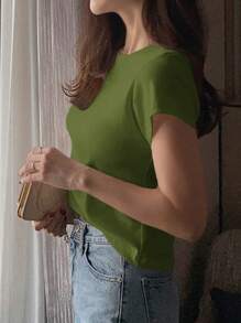 DAZY 女士圆领纯色基础款白色短袖T恤，春夏款，商务休闲风，复活节 - 綠色 - 查看 4