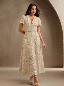 Anewsta Women's V-Neck Cinched Waist Elegant Fitted Lace Midi Dress - Apricot - View 3