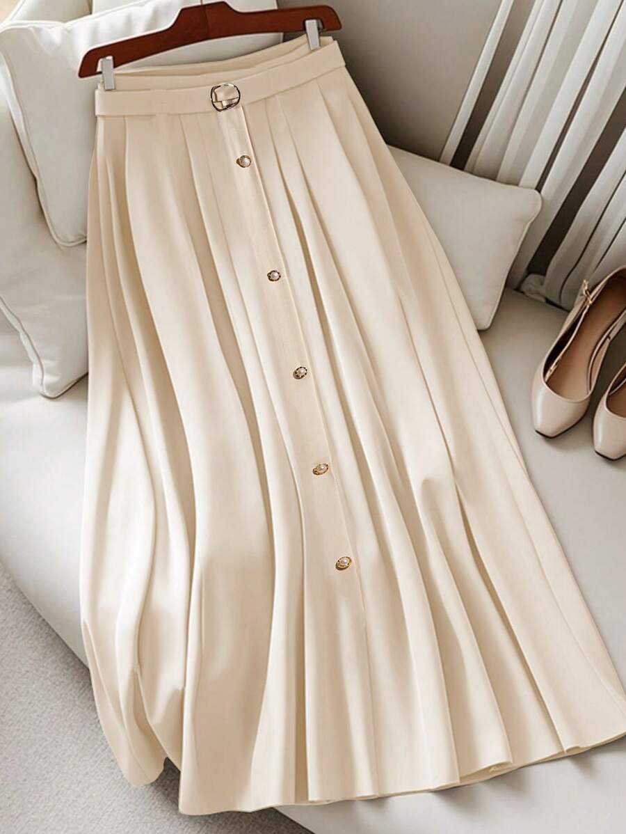 Franclia Damen plissierter Knopf-Akzent einfarbiger Lässig und Büro Rock